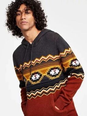 Sun + Stone Men's Crewneck Hoodie Sweater in Charcoal, Mustard & Rust Small